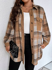 Plaid Button Up Lantern Sleeve Tunic Shirt