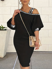  Rhinestone Lantern Sleeve Sexy Dress