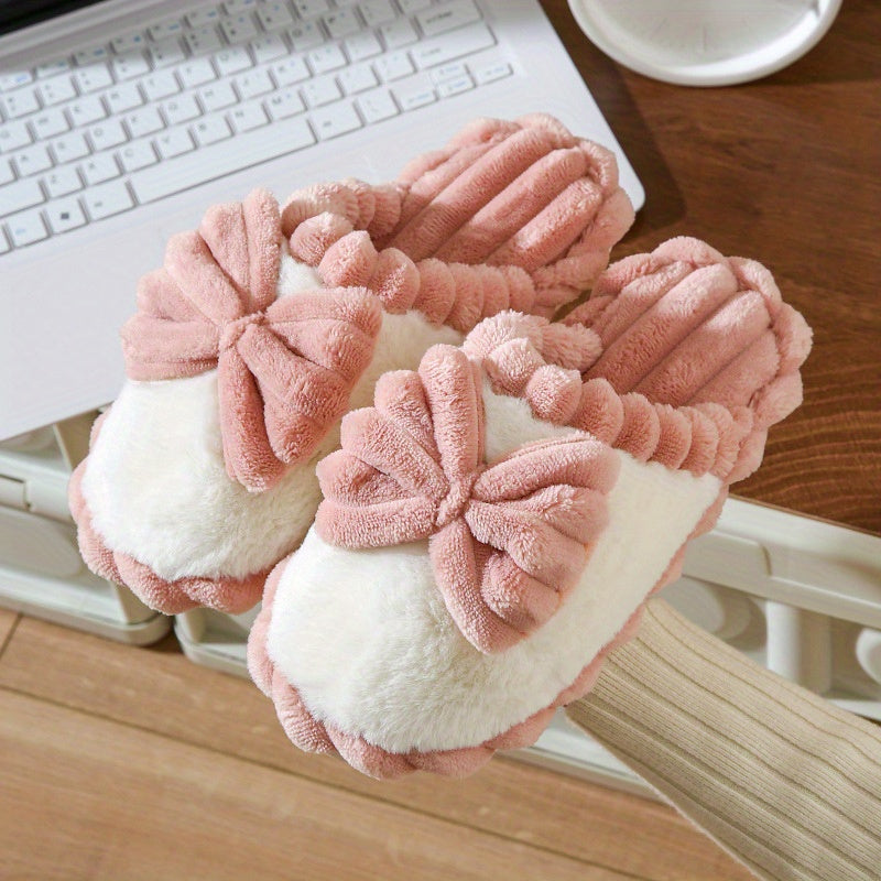 Women's Bowknot Slippers Round Toe Colorblock Warm Fluffy Home Shoes