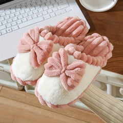Women's Bowknot Slippers Round Toe Colorblock Warm Fluffy Home Shoes