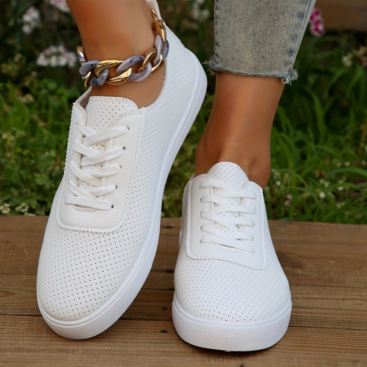 Women's Hollow Out Lace Up Sneakers Breathable Flat Skate Shoes