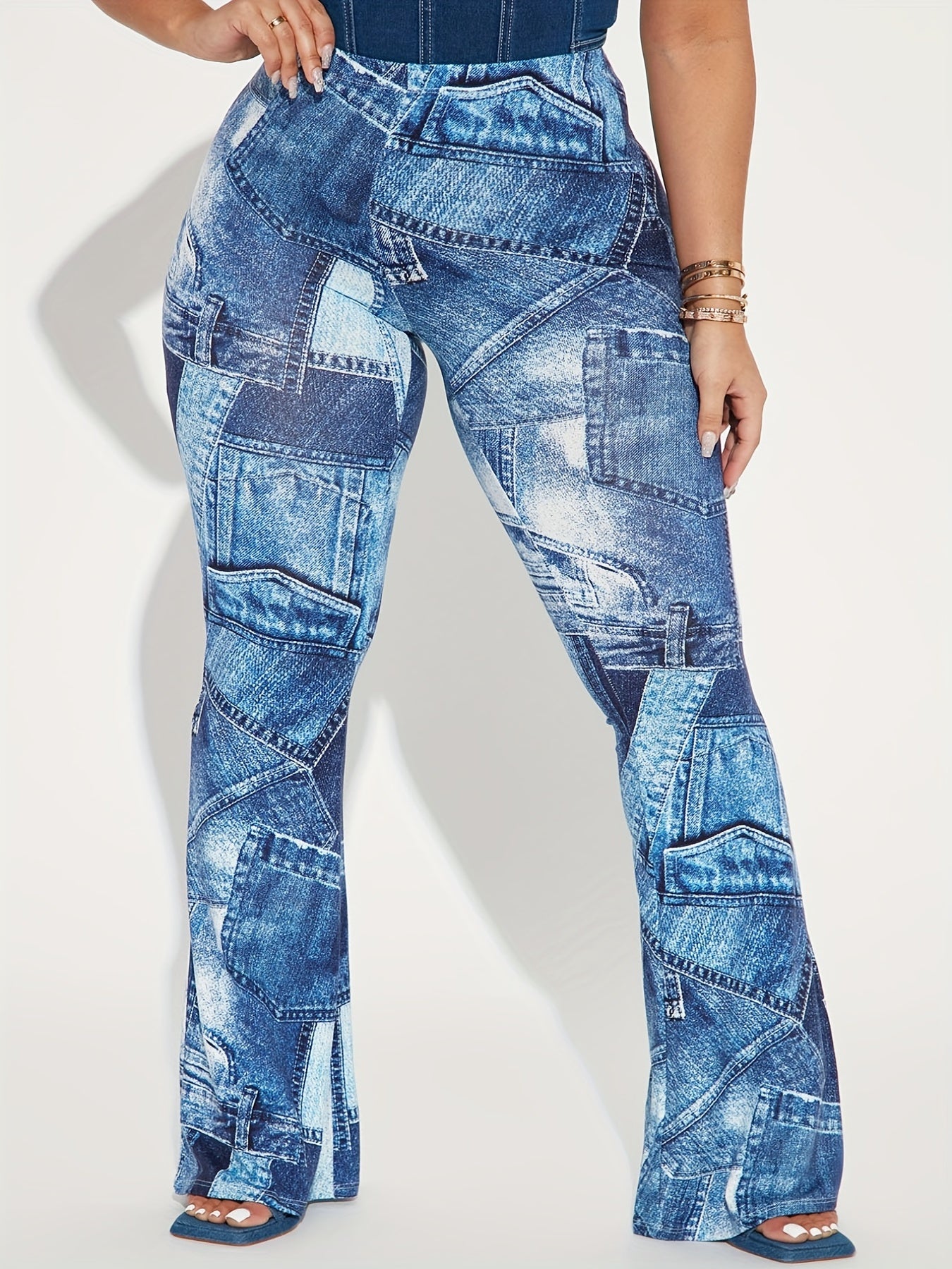 Women's Plus Denim Print High Rise Straight Leg Pants
