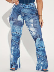 Women's Plus Denim Print High Rise Straight Leg Pants