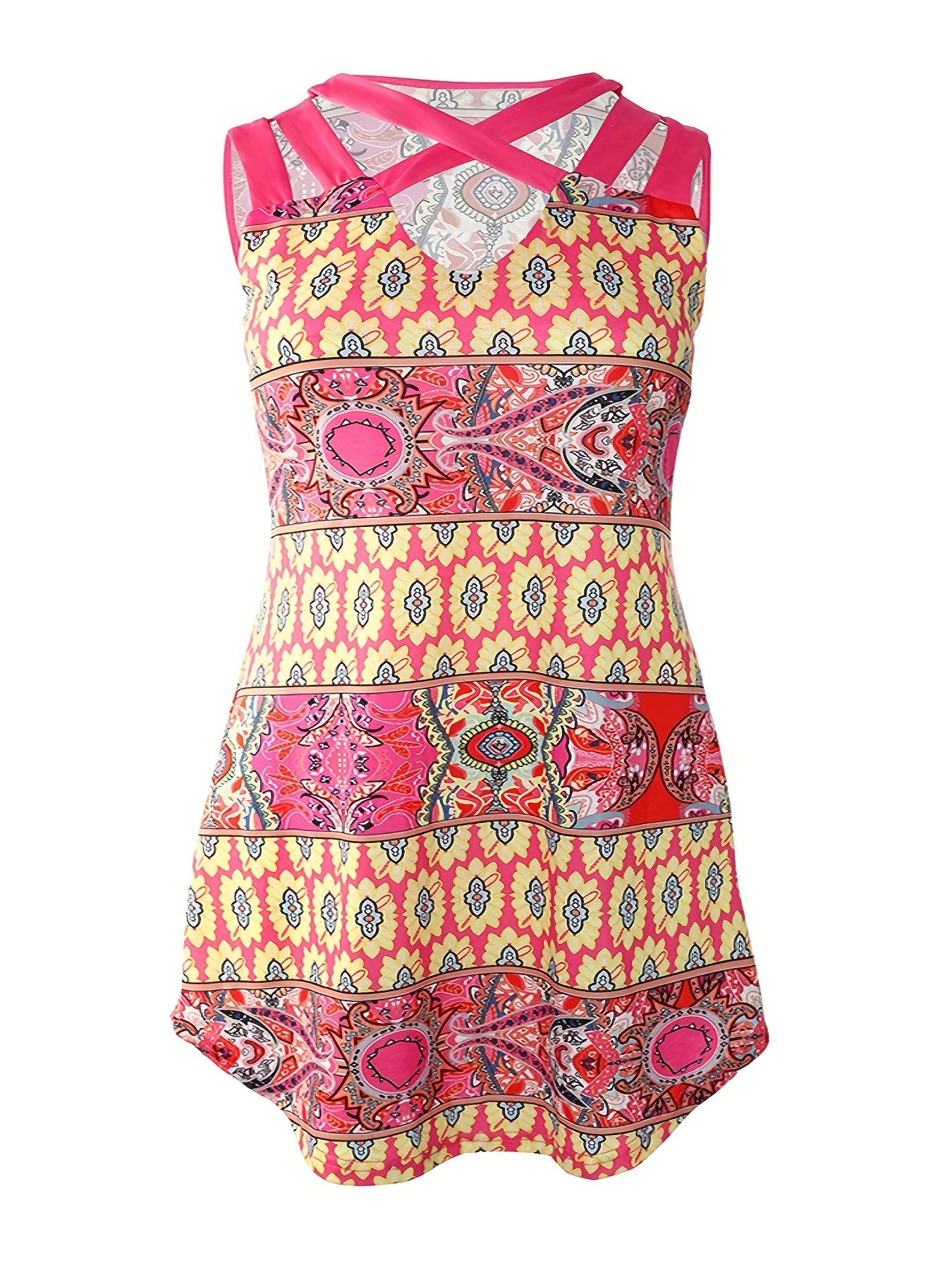  Casual Tank Dress Women's Plus Random Print Cut Out Criss Cross V Neck