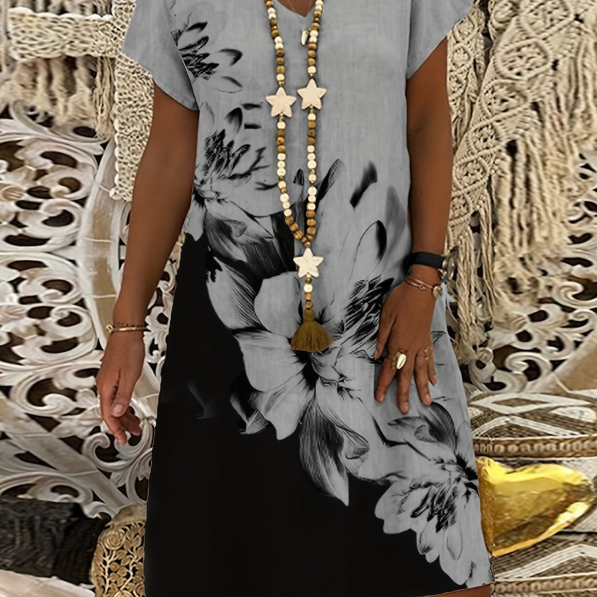  Colorblock Floral Print Short Sleeve V Neck Dress
