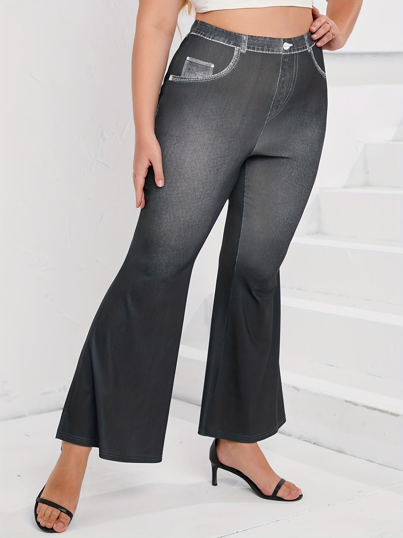  Denim Print High Rise Flared Leg Pants