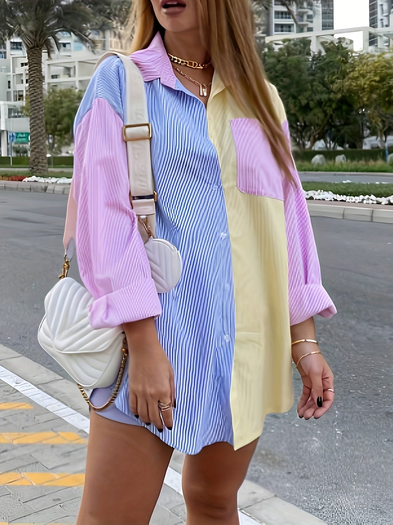  Colorblock Stripe Print Long Sleeve Tunic Shirt