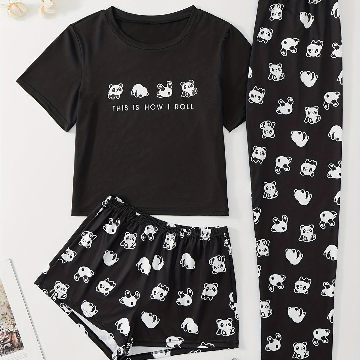 Panda Print Pajama Set Top & Shorts & Pants Women's Sleepwear & Loungewear