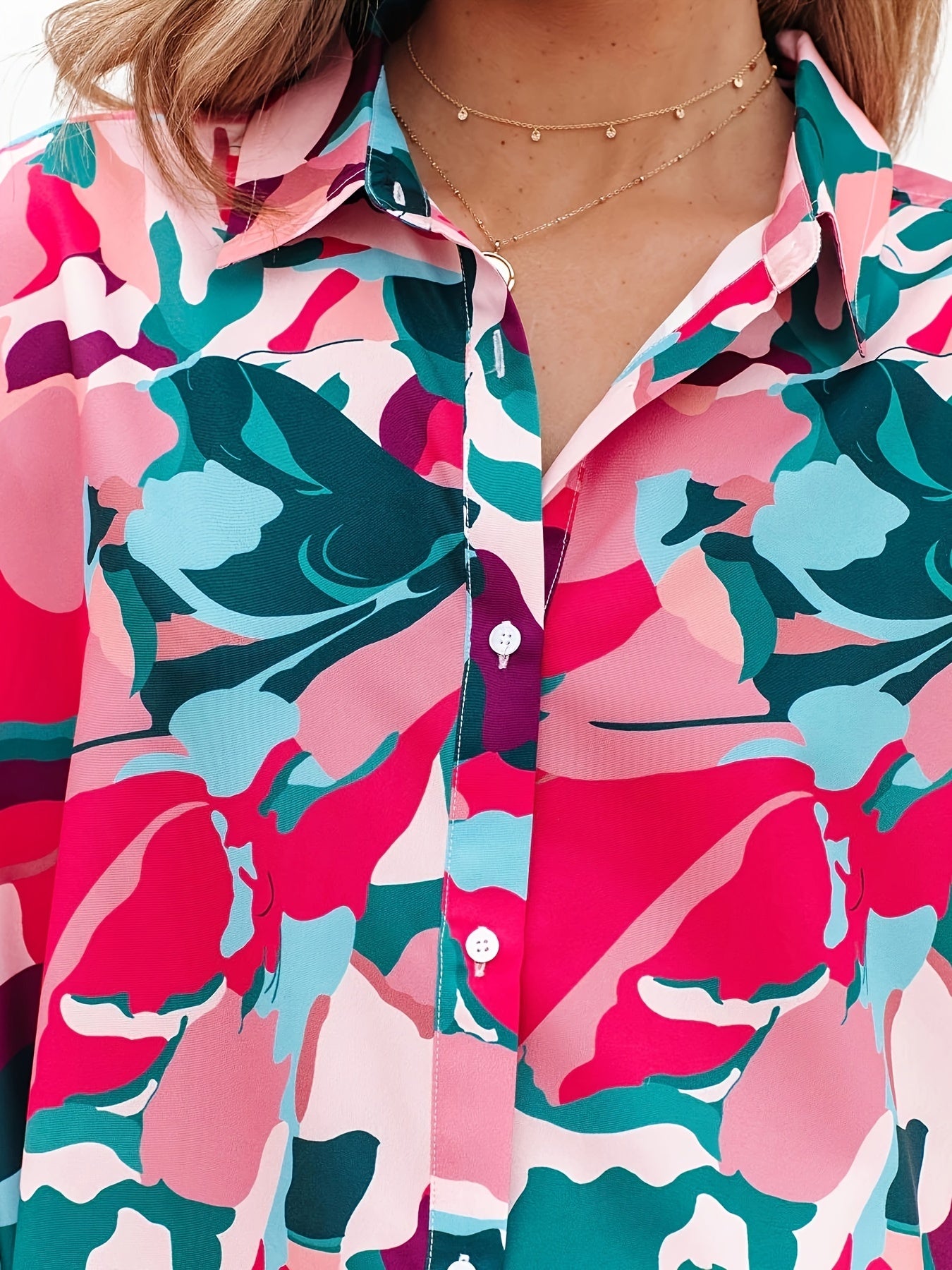  Colorblock Allover Print Button Up Blouse