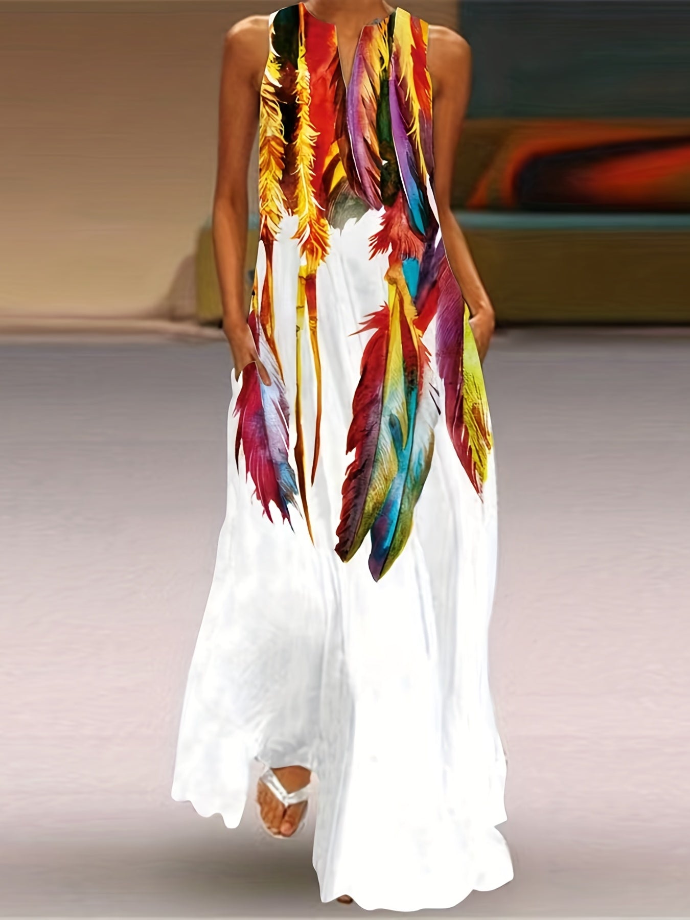 Feather Print Maxi Tank Dress With Pockets