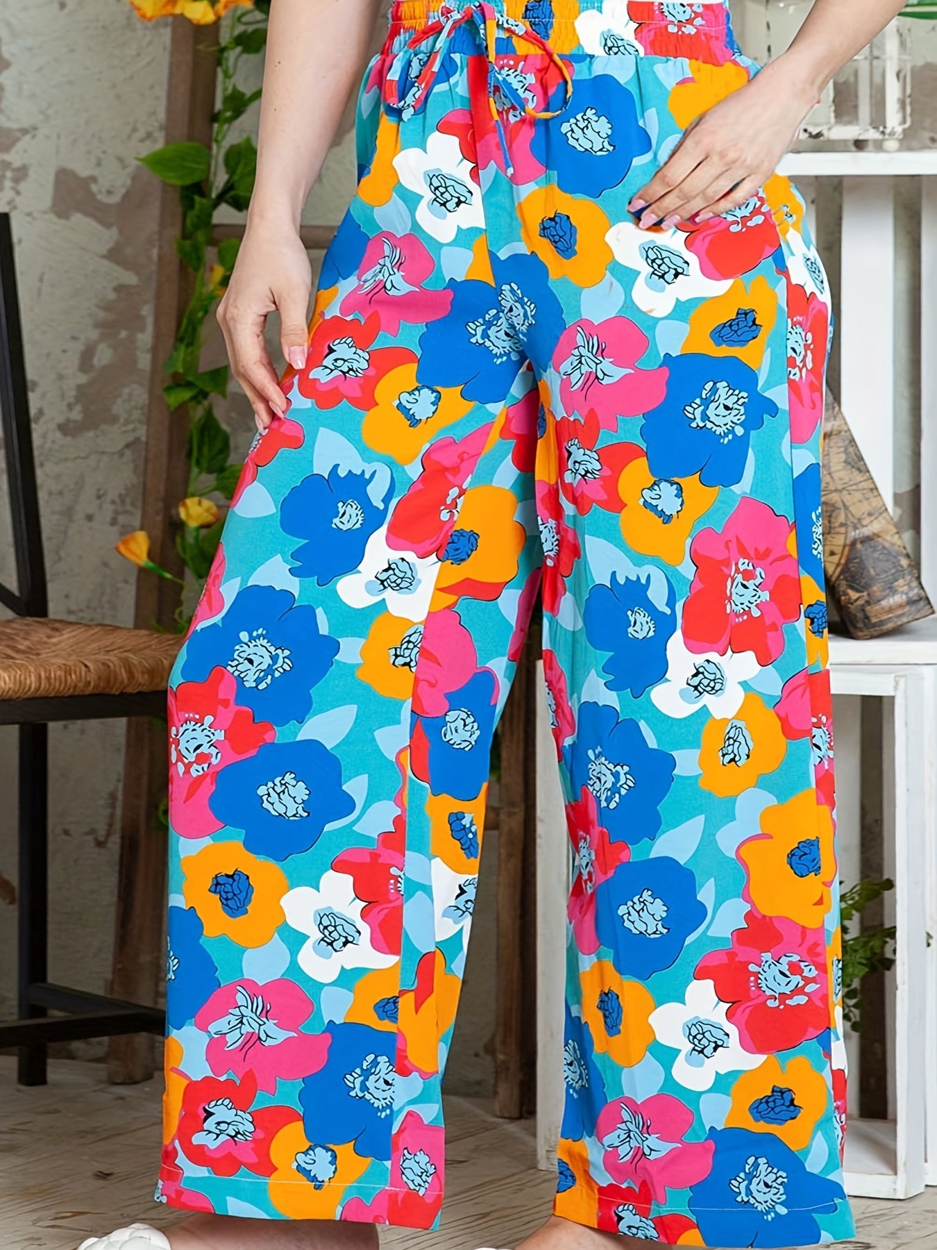 Women's Plus Floral Print Elastic Drawstring Beachwear Wide Leg Pants