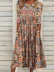  Floral Print Half Sleeve Round Neck Dress
