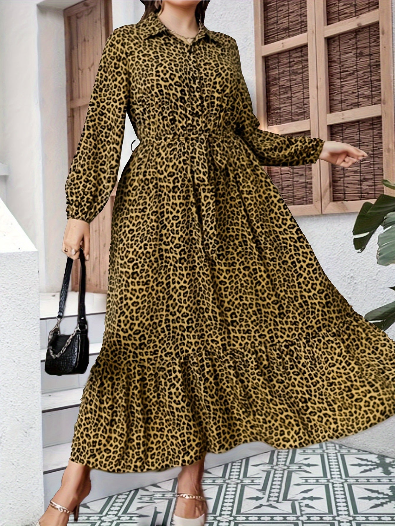  Women's Leopard Print Button Up Long Sleeve Shirt Dress