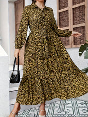  Women's Leopard Print Button Up Long Sleeve Shirt Dress