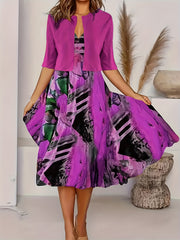 Two Piece Crop Top & Graphic Print Tank Dress Women's Outfit
