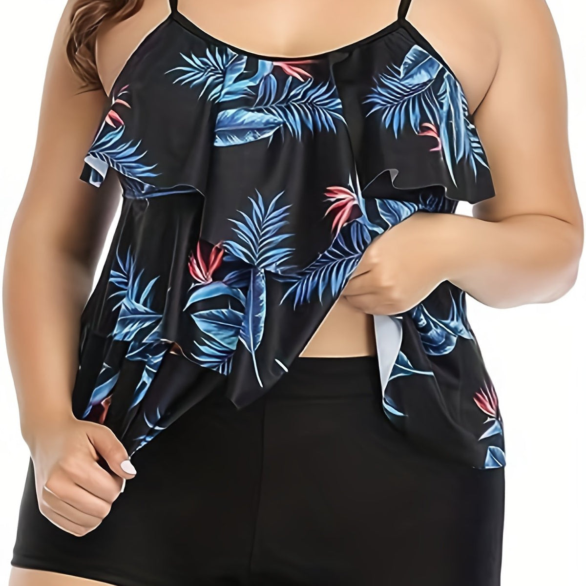  Tropical Print Ruffle Trim Tankini Set