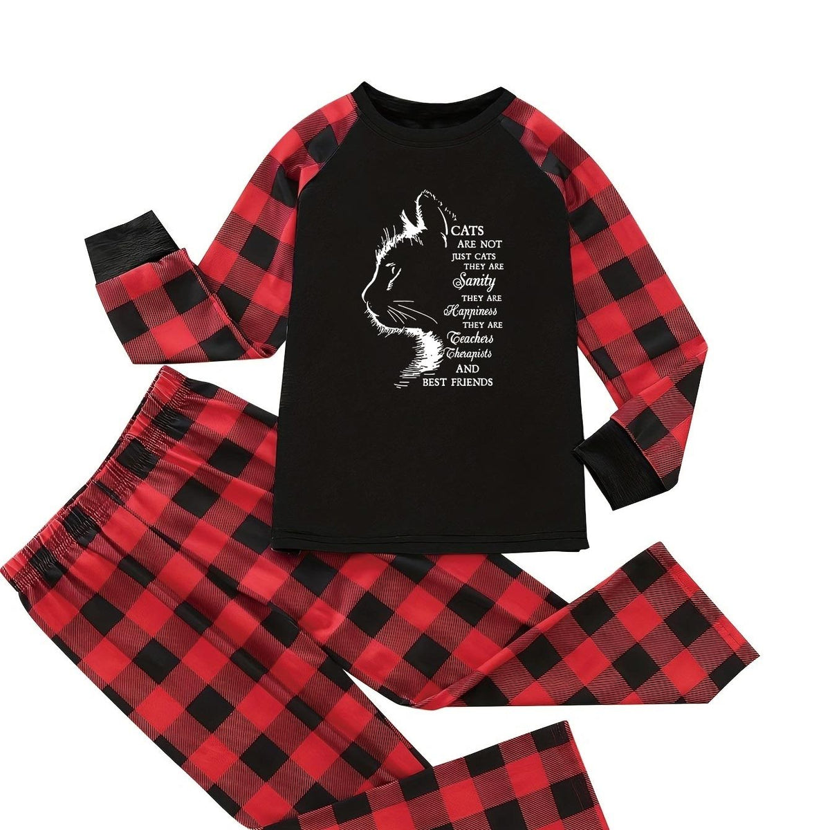  Colorblock Gingham & Letter & Cat Print Pajama Set