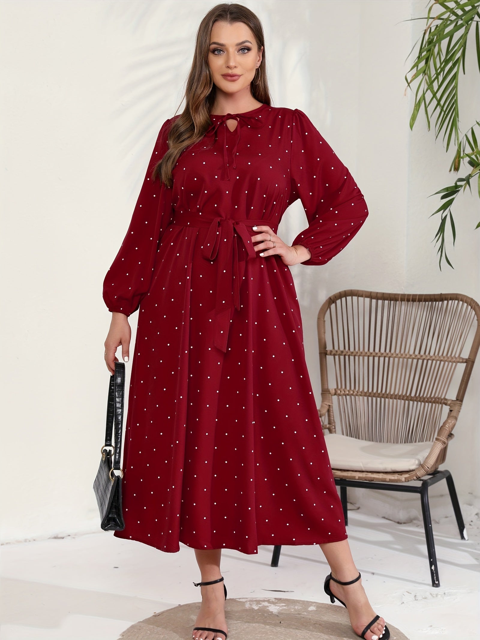  Polka Dot Long Sleeve Maxi Dress With Belt