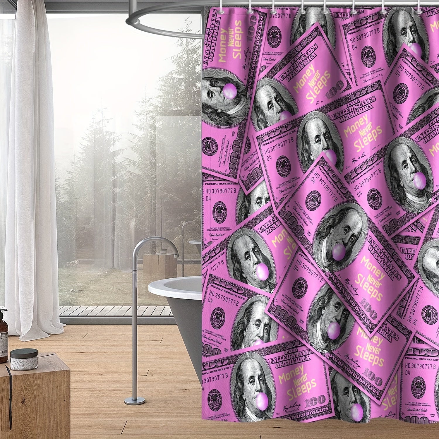 Money Shower Curtain Cash Theme Bathroom Decor Waterproof Polyester