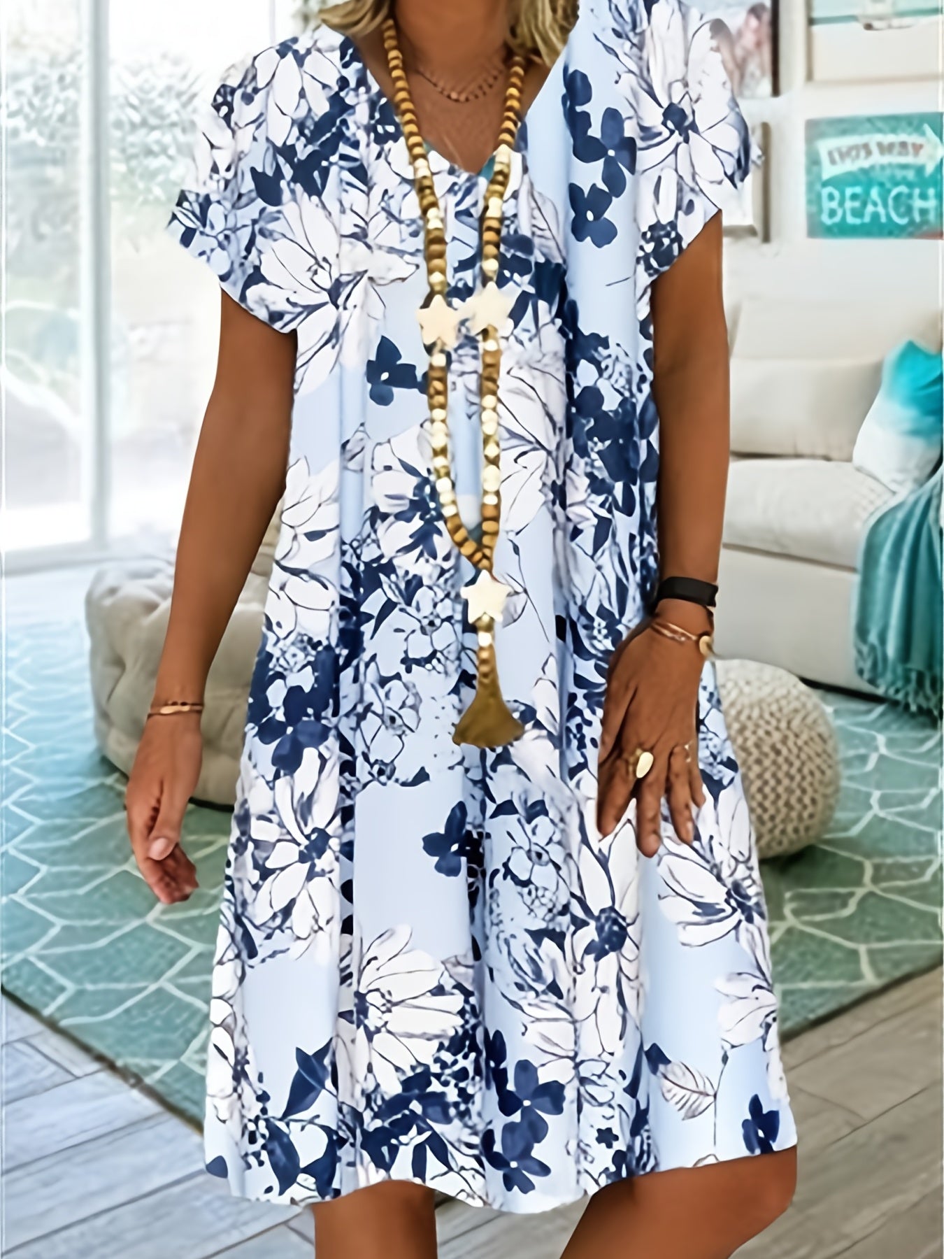  Floral Print V Neck Midi Dress