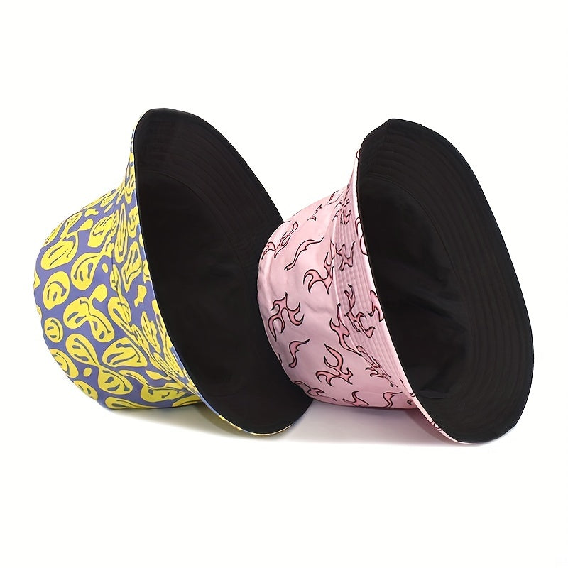 Flame Print Reversible Bucket Hat Cartoon Casual Basin Hat