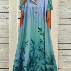 Women's Plus Ombre Floral Print Button Up Short Sleeve V Neck Maxi Dress