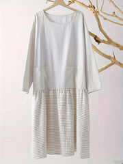  Colorblock Stripe Print Long Sleeve Dress With Pockets
