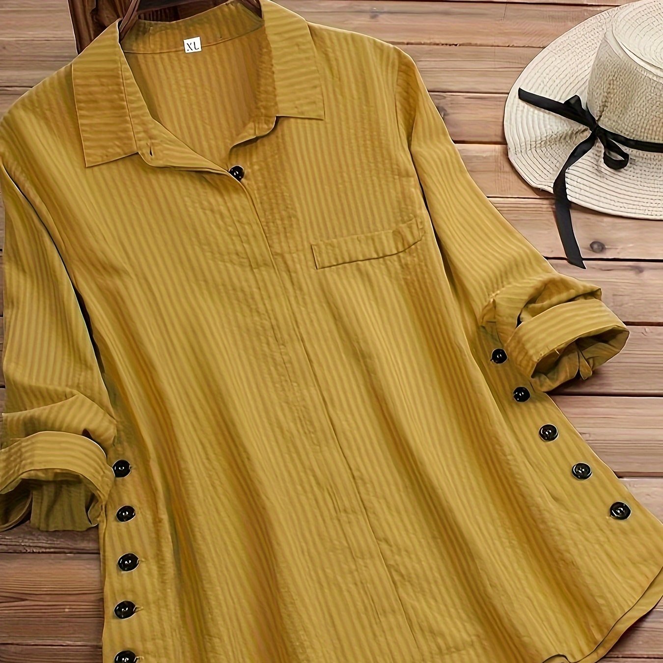 Stripe Print Button-Up Long Sleeve Blouse
