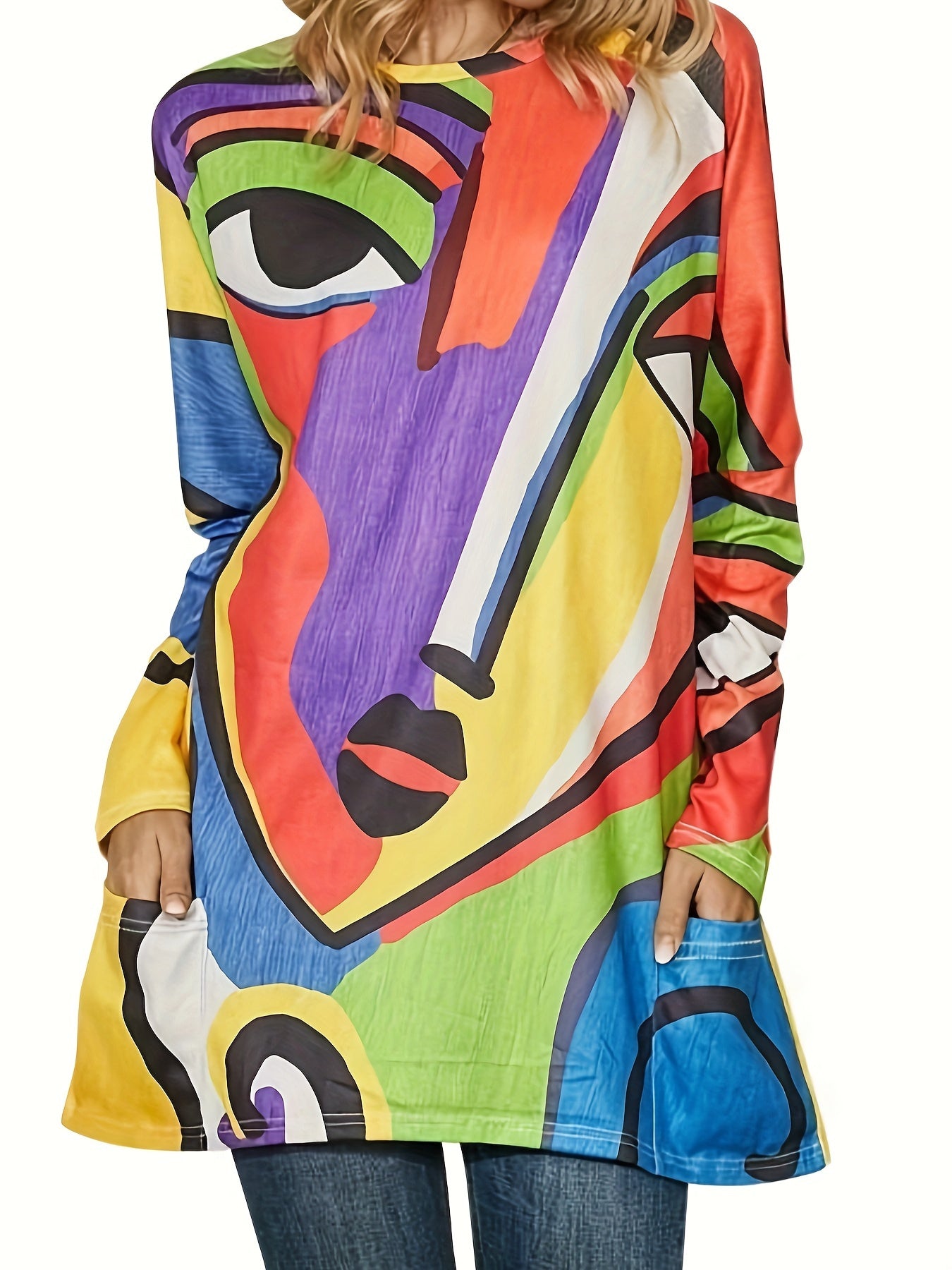  Abstract Print Long Sleeve Tunic Dress with Pockets