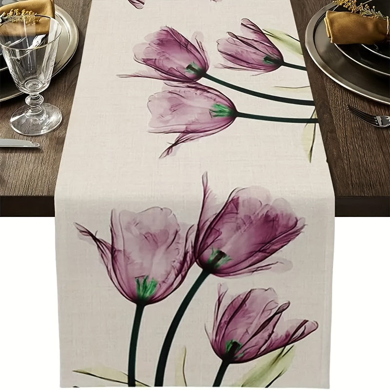 Floral Purple Table Runner Spring Tulip for Dining Table