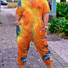  Tie Dye V Neck Jumpsuit with Pockets
