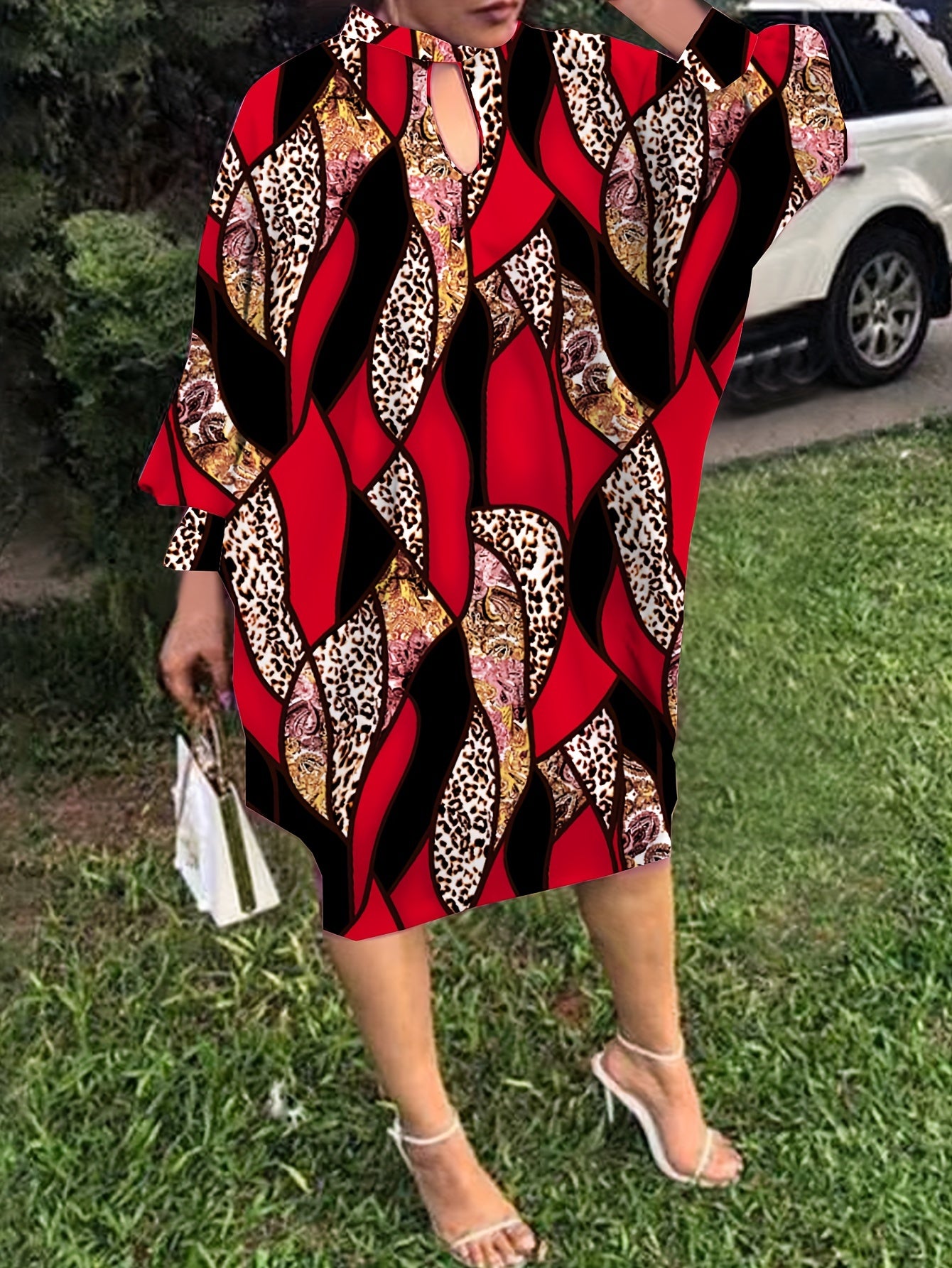  Allover Print Lantern Sleeve Loose Fit Dress