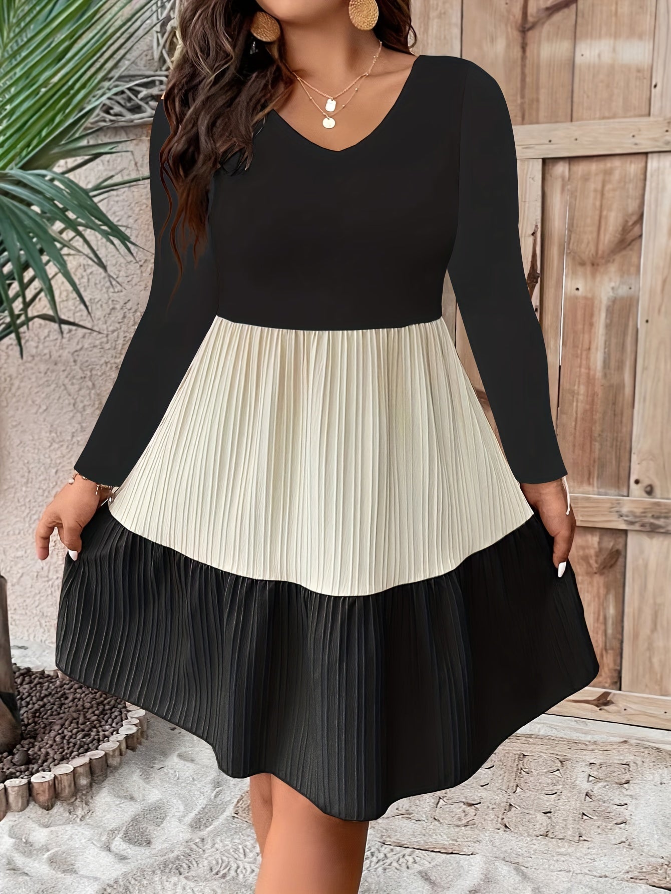  Colorblock Long Sleeve V Neck Smock Dress