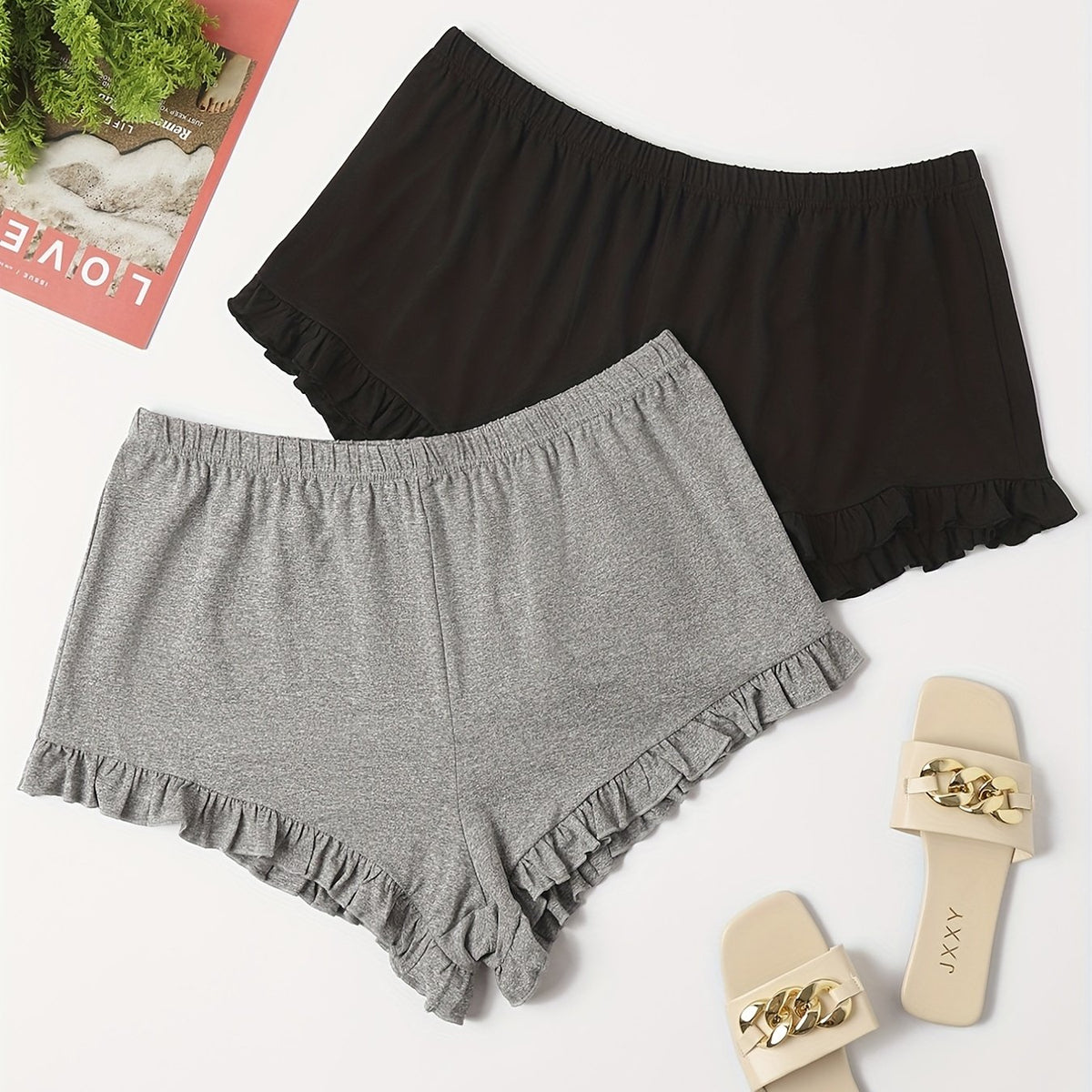 2 Pack Plus Size Ruffle Trim Stretch Shorts Set