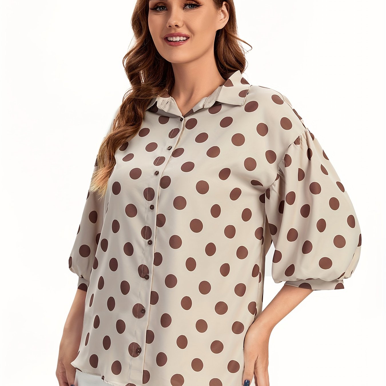  Dot Print Button Up Lantern Sleeve Blouse