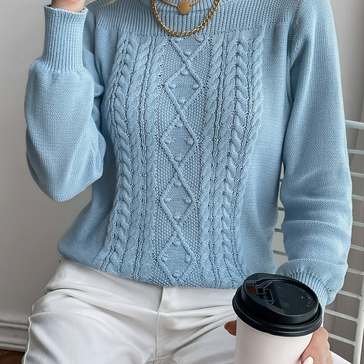 Solid Crew Neck Sweater Long Sleeve Loose Knit Sweater