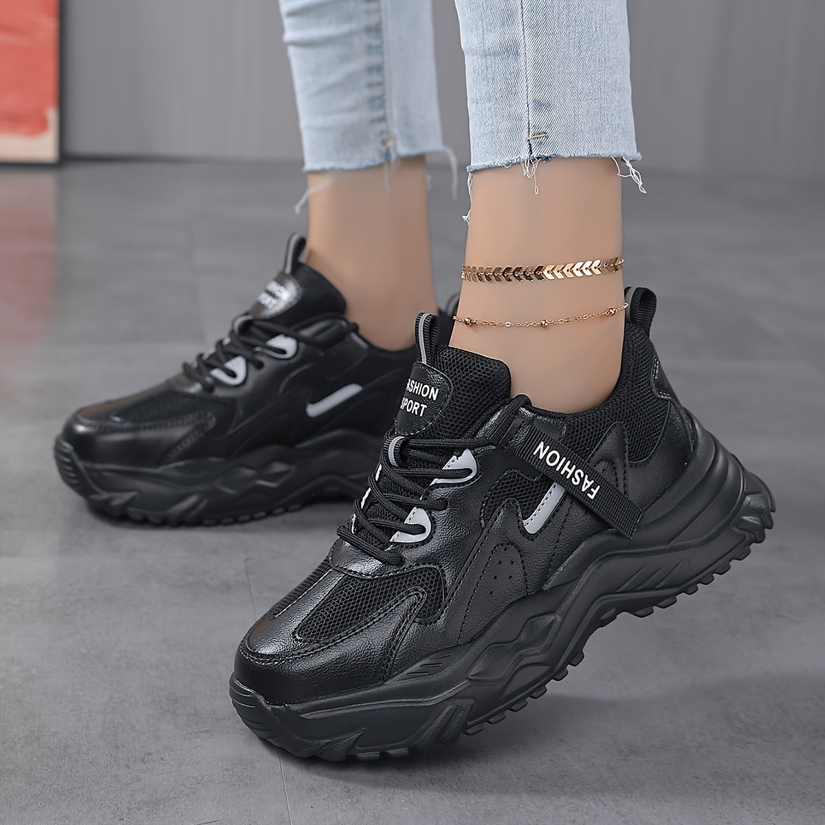 Women's Chunky Sneakers Faux Leather Heighten Casual Shoes