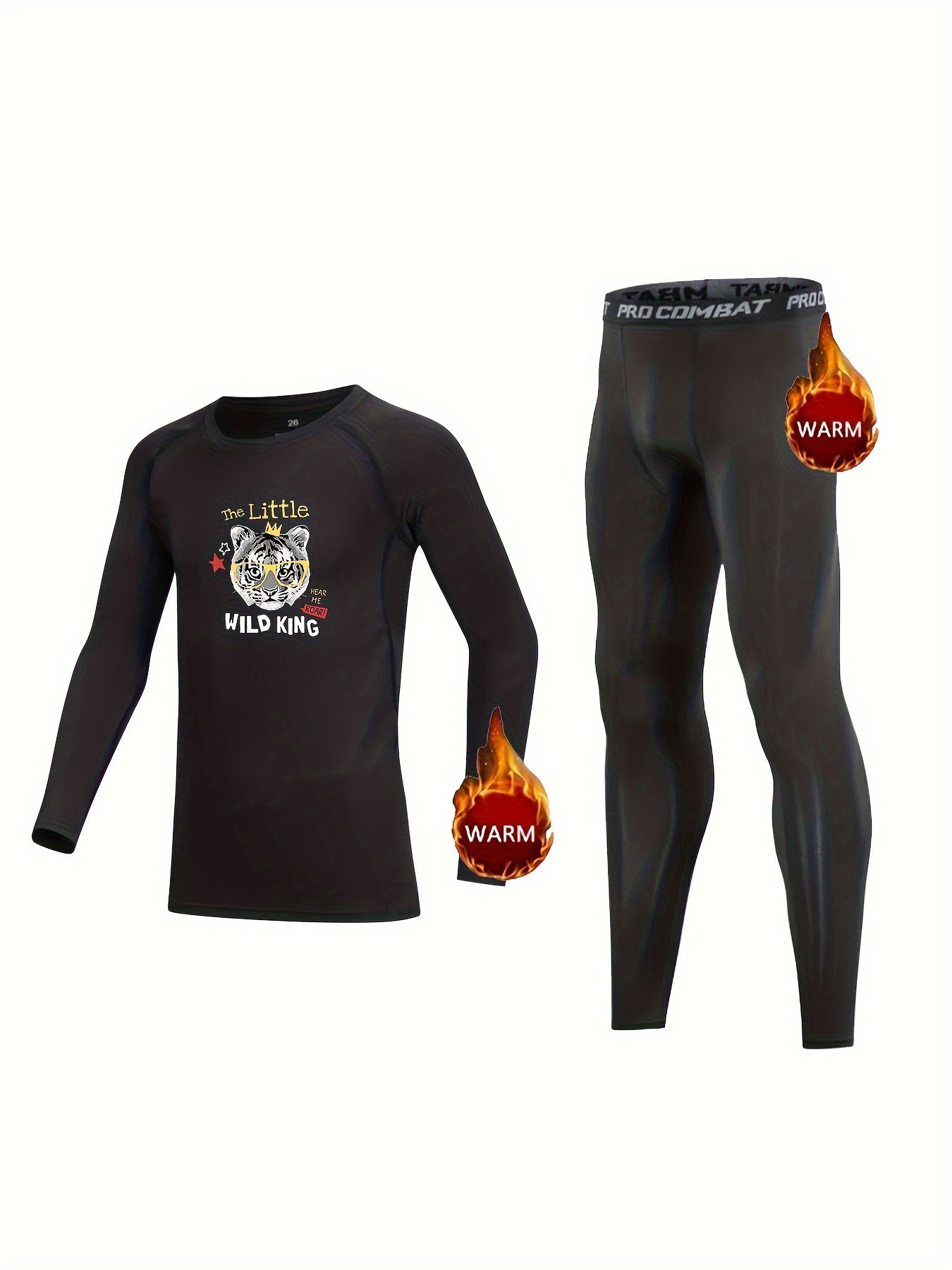 Kids Compression Fleece Sets Cartoon Animal Crew Neck Pullover