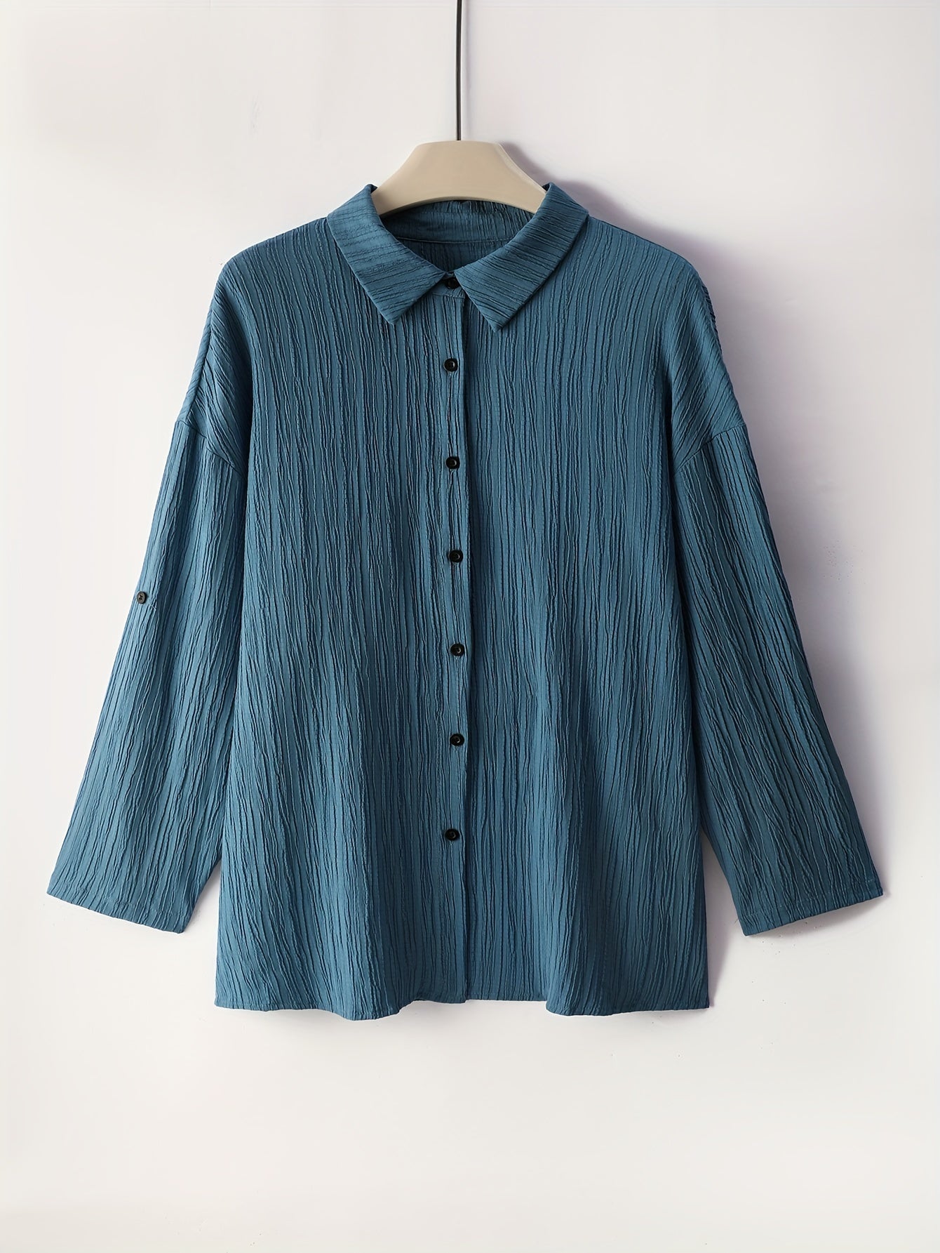  Solid Crinkle Button Up Roll Up Sleeve Blouse