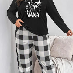  Colorblock Gingham & Slogan Print Pajama Set