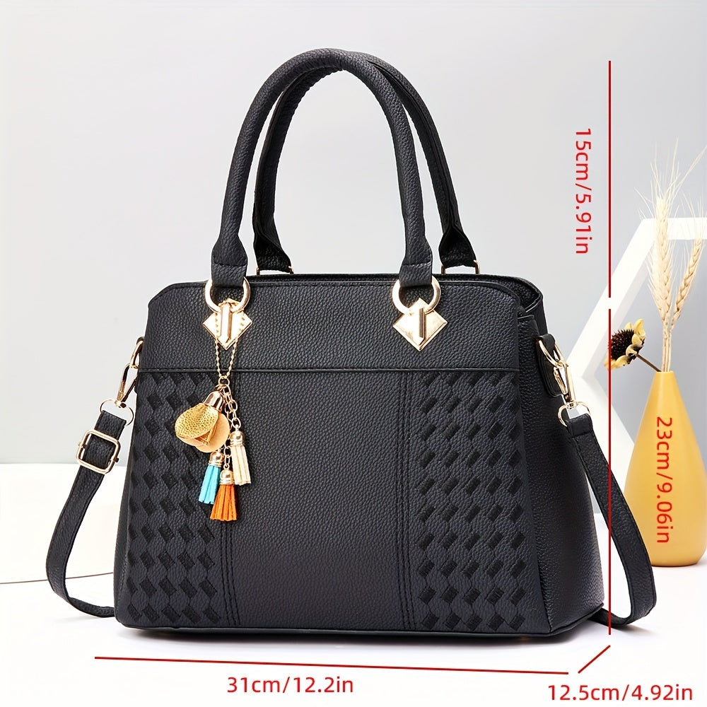 Grid Pattern Tote Handbag in PU Leather