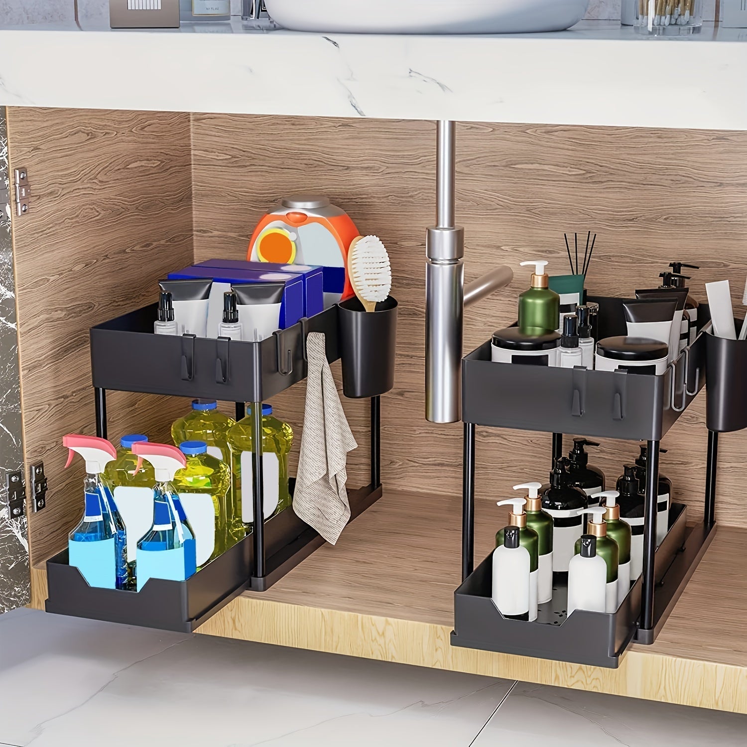 2 Tier Sliding Cabinet Basket Organizer Under Sink Storage Bathroom Kitchen