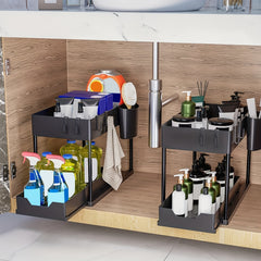2 Tier Sliding Cabinet Basket Organizer Under Sink Storage Bathroom Kitchen
