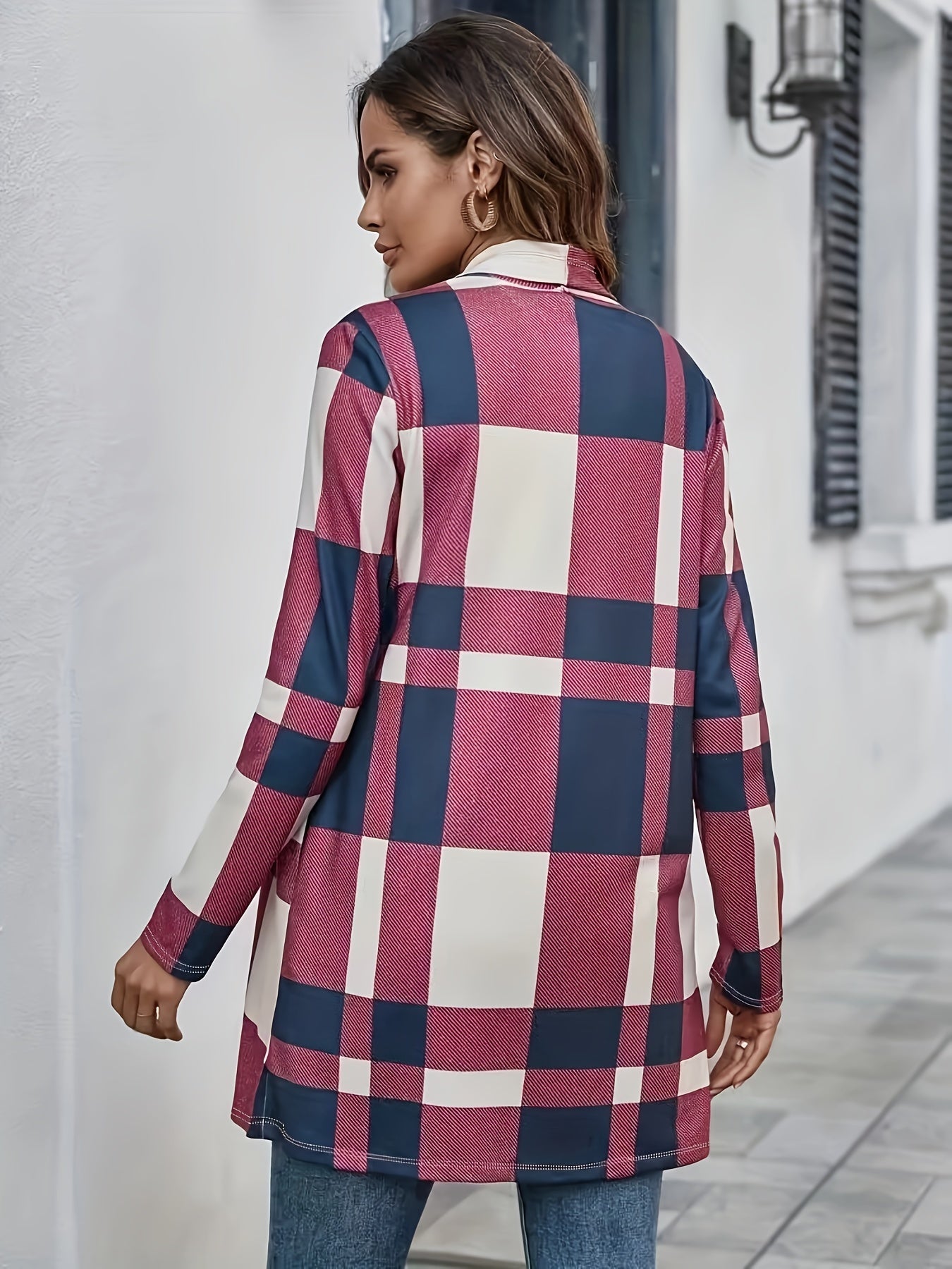  Colorblock Plaid Print Open Front Cardigan