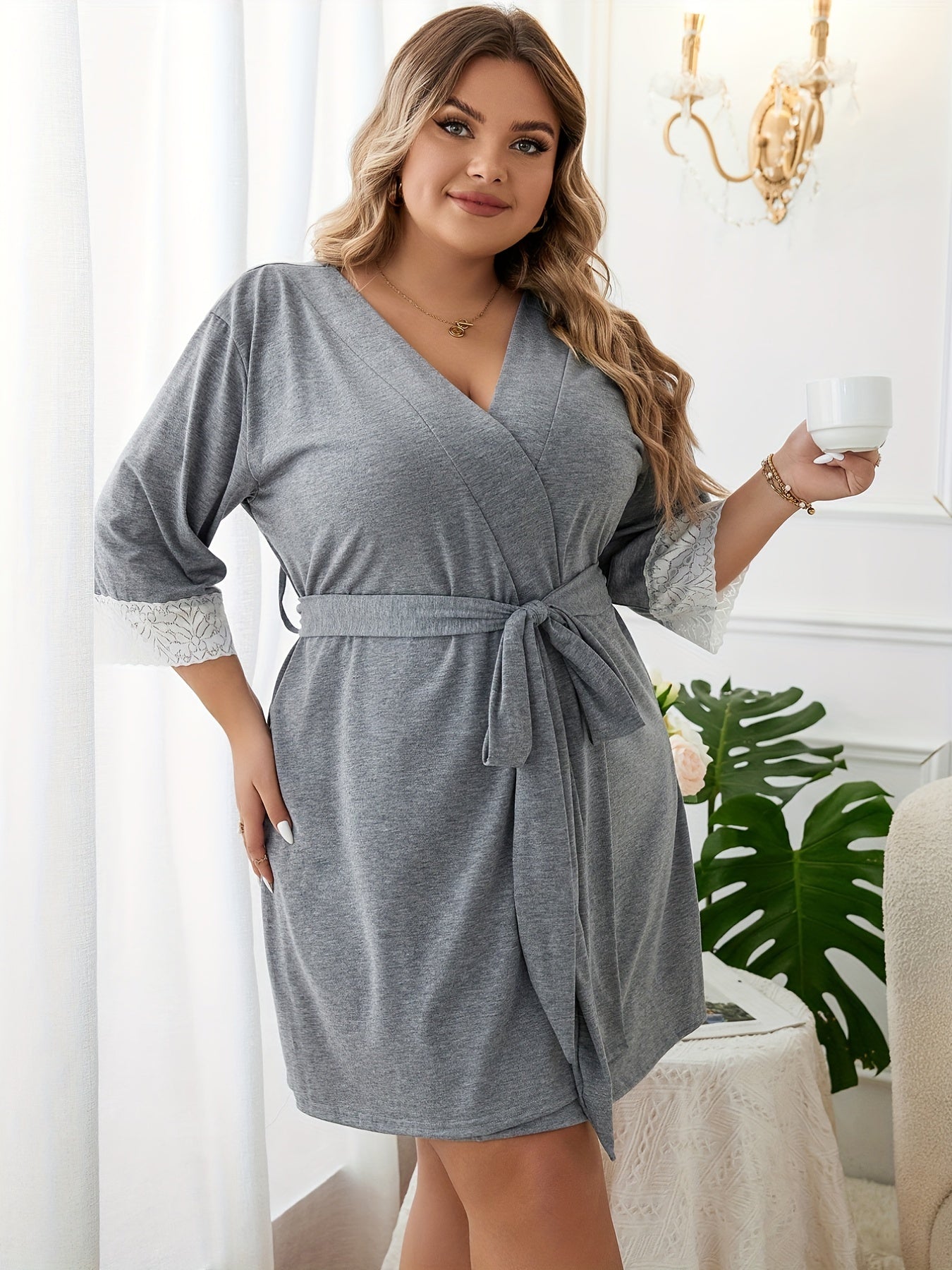 Women's Plus Lace Trim Long Sleeve Lounge Robe