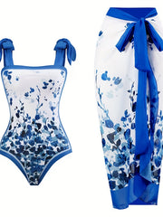  Floral Print Tankini Set One Piece Swimsuit & Wrap Skirt