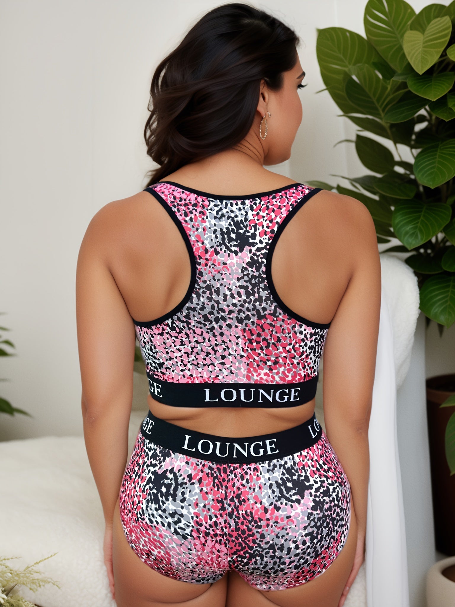  Sports Lingerie Set Allover Print Letter Tape Square Neck Bra & Panty