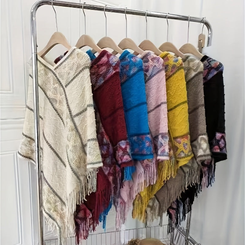National Style Knitted Fringed Shawl V Neck for Spring & Autumn