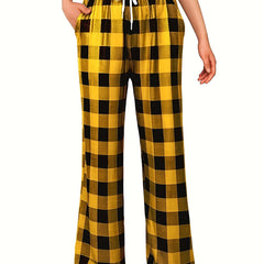  Plaid Elastic Drawstring High Rise Straight Leg Pants