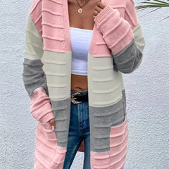  Colorblock Long Sleeve Open Front Cardigan With Pockets